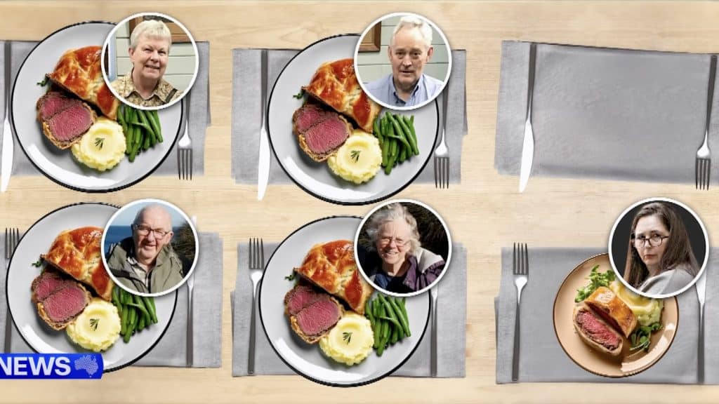 Image depicting the meal served by Erin Patterson, with a different colored plate for her own serving as described by Heather Wilkinson. Image: Youtube/@9 News Australia